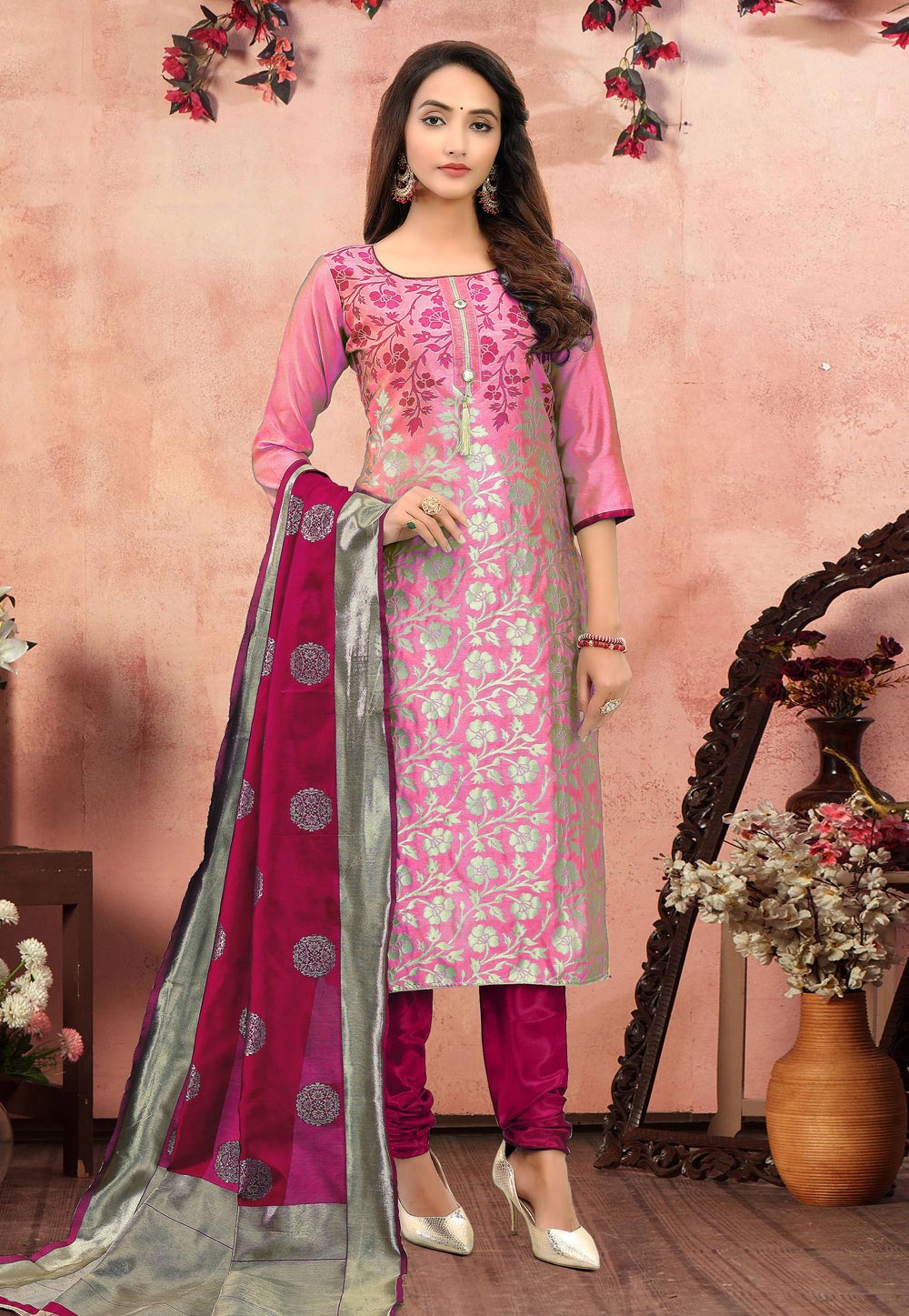 Pink Banarasi Jacquard Churidar Salwar Suit 219256