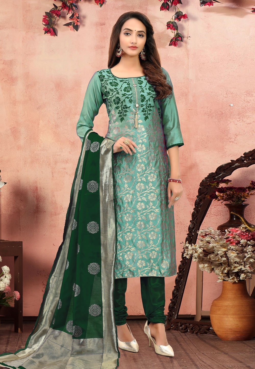Light Green Banarasi Jacquard Churidar Salwar Suit 219258