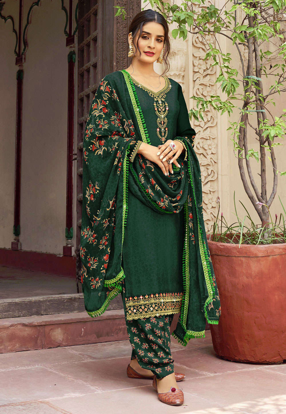 Green Crepe Patiala Suit 259415