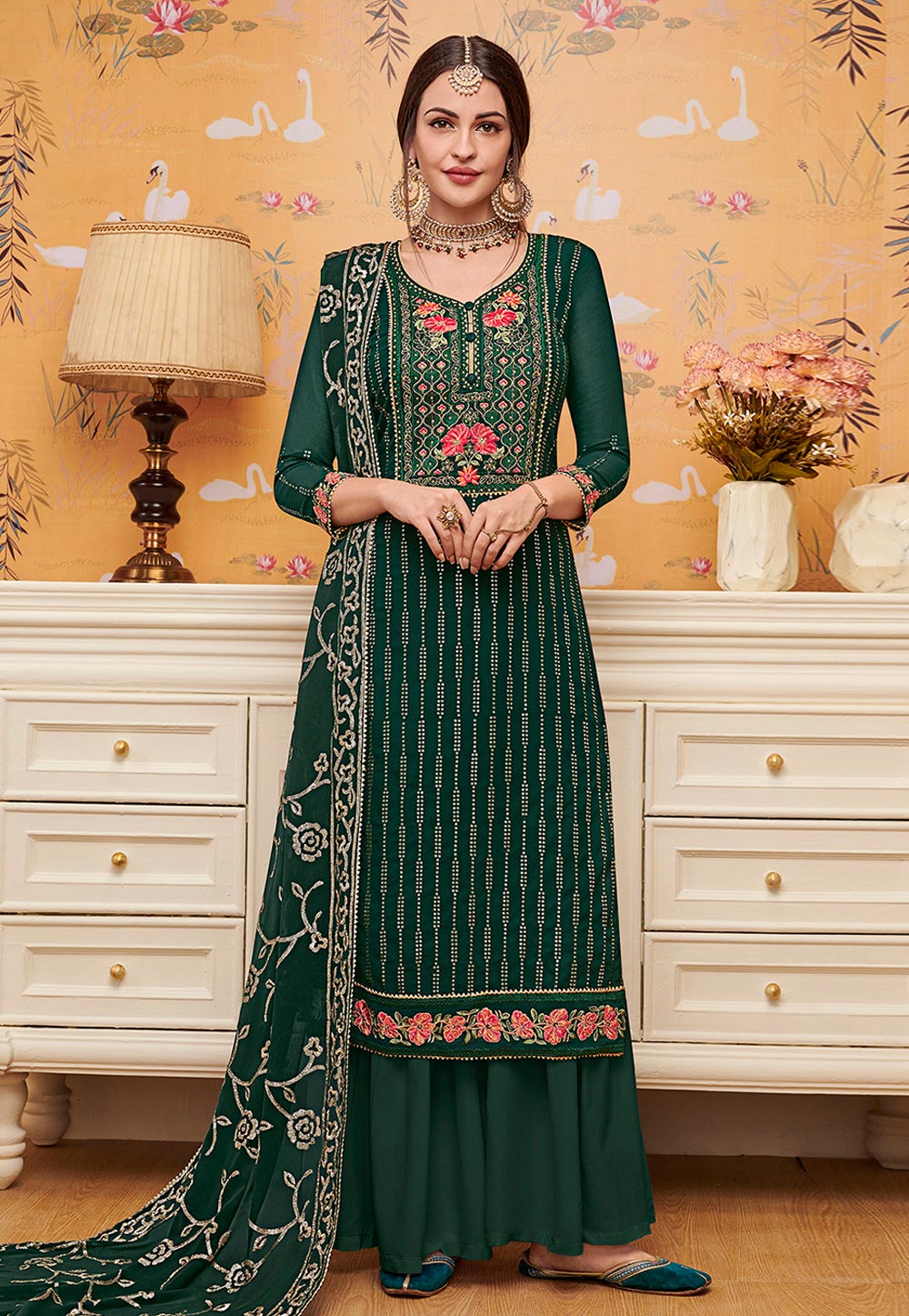 Green Faux Georgette Embroidered Palazzo Suit 200939