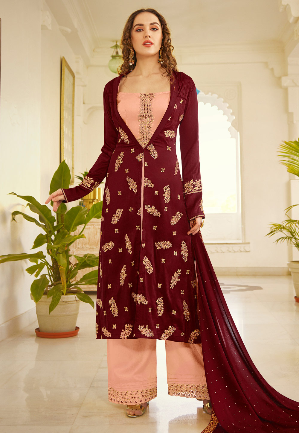 Maroon Silk Palazzo Suit With Jacket 207481