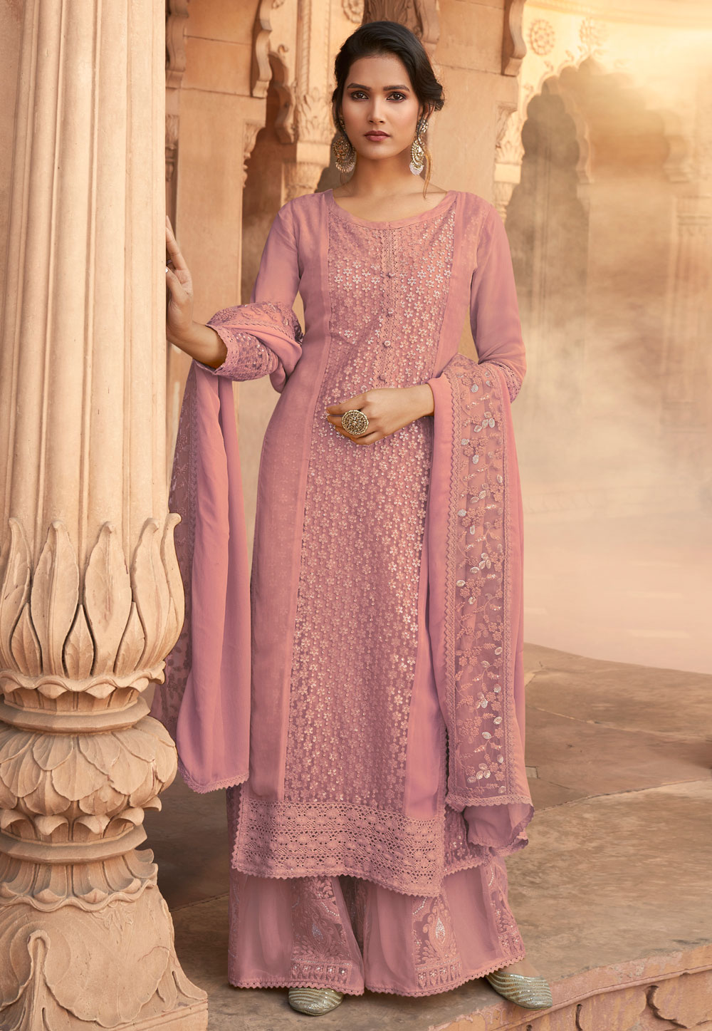 Pink Georgette Kameez With Palazzo 230147