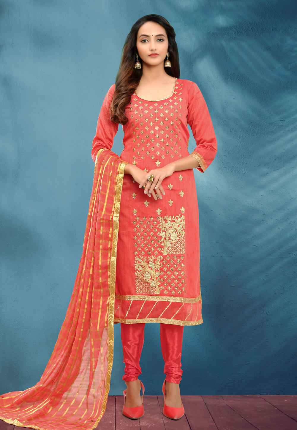 Red Cotton Silk Churidar Suit 219666
