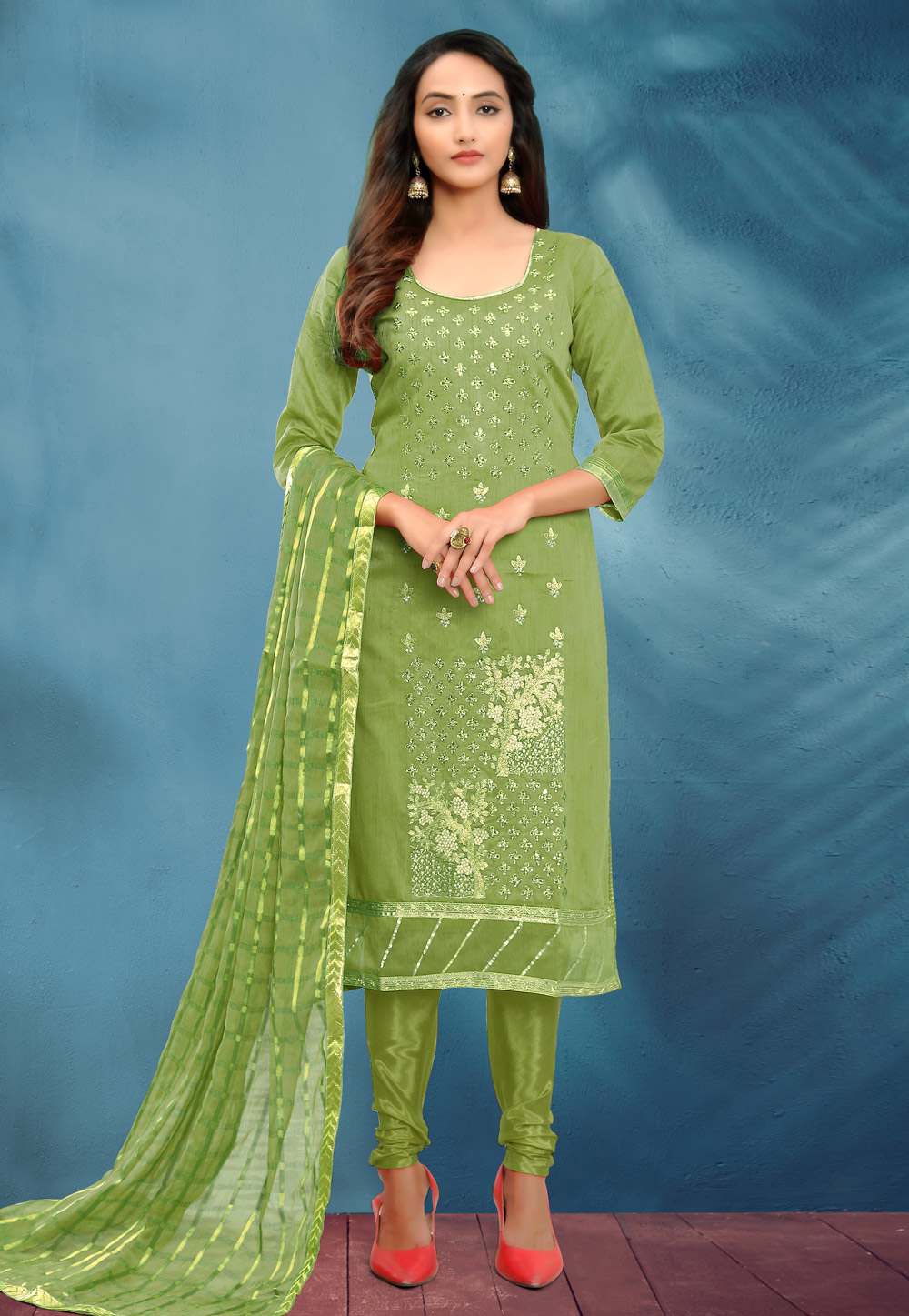 Green Cotton Silk Churidar Salwar Suit 219667