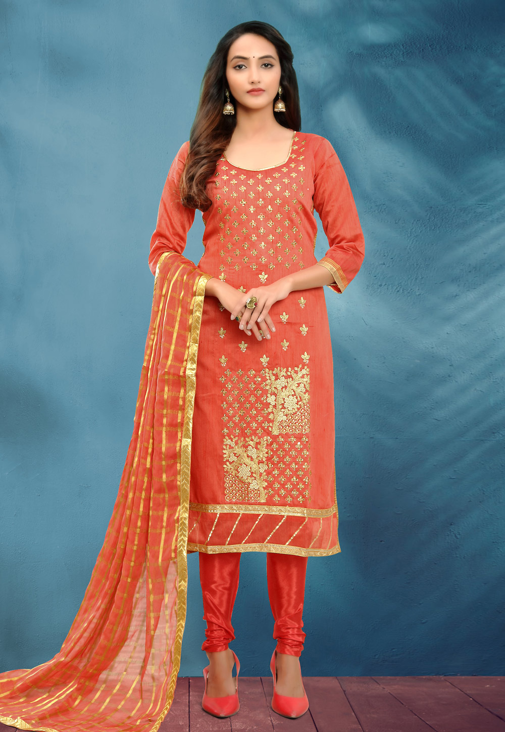 Orange Cotton Silk Churidar Suit 219668