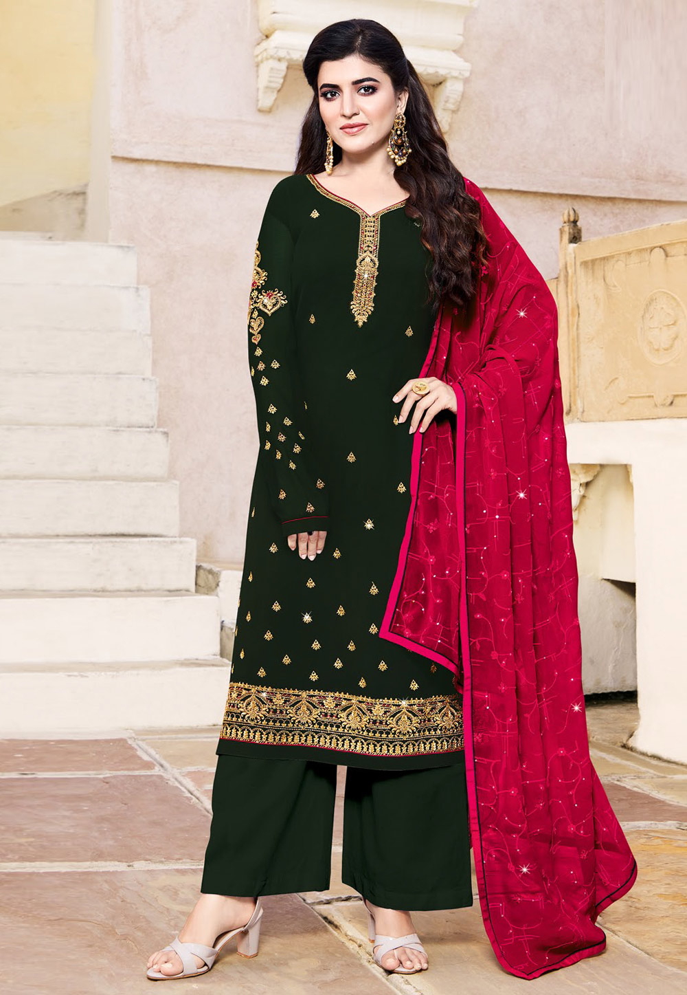 Green Georgette Palazzo Suit 243409