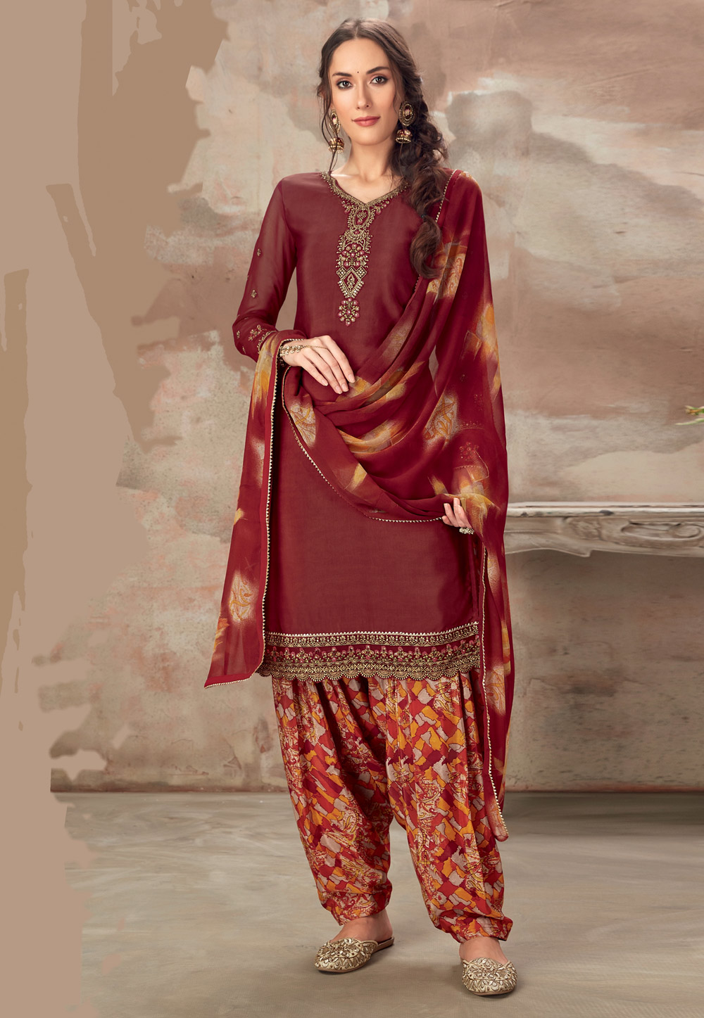 Maroon Silk Punjabi Suit 209577