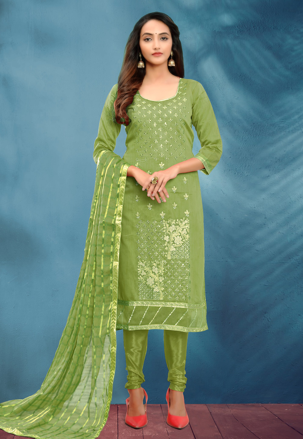 Green Cotton Silk Churidar Salwar Suit 219269