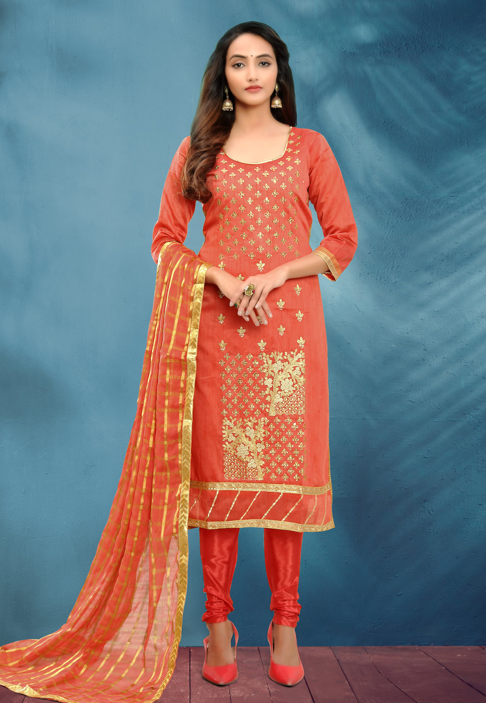 Orange Cotton Silk Churidar Suit 219270