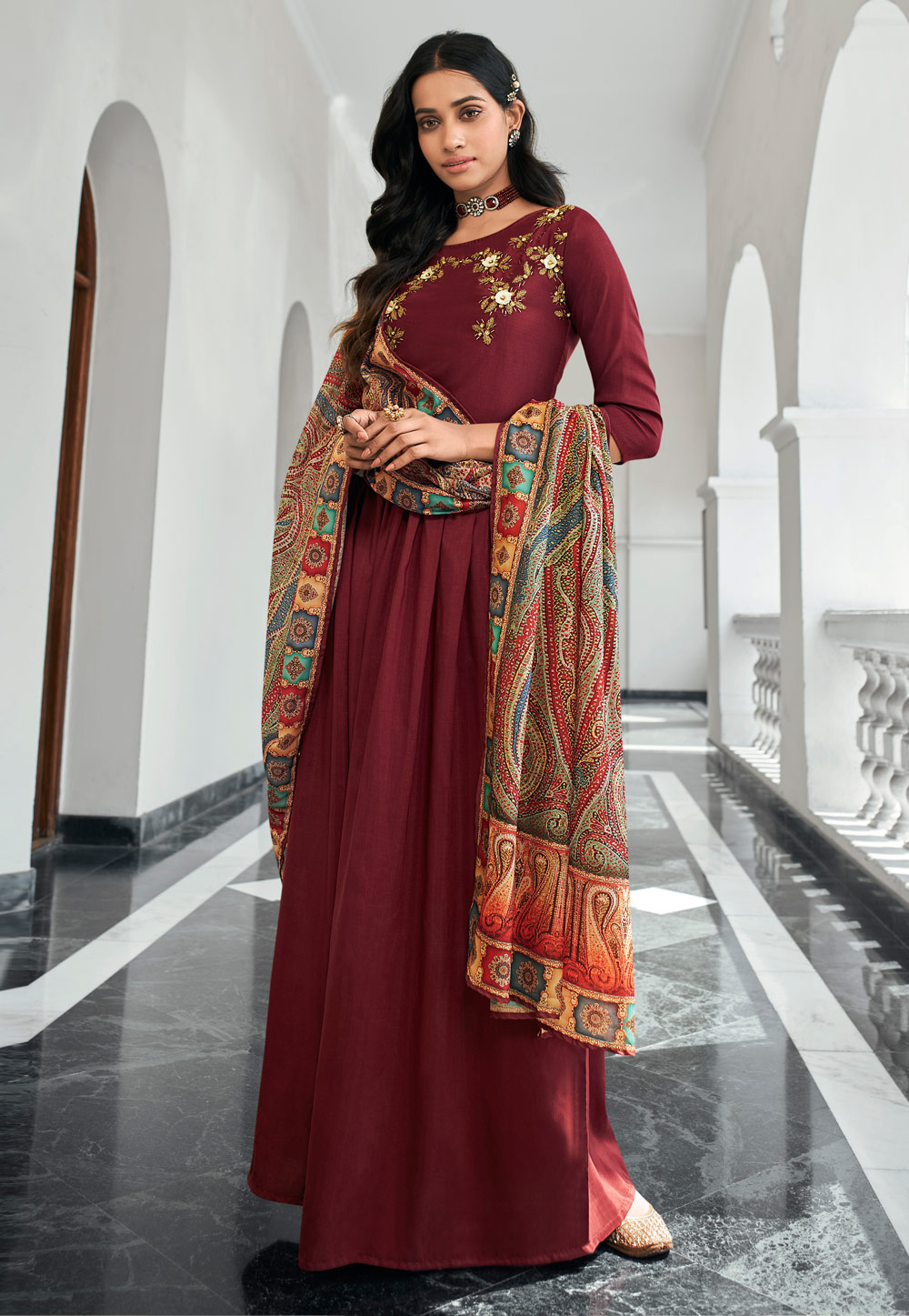 Maroon Viscose Gown 239767