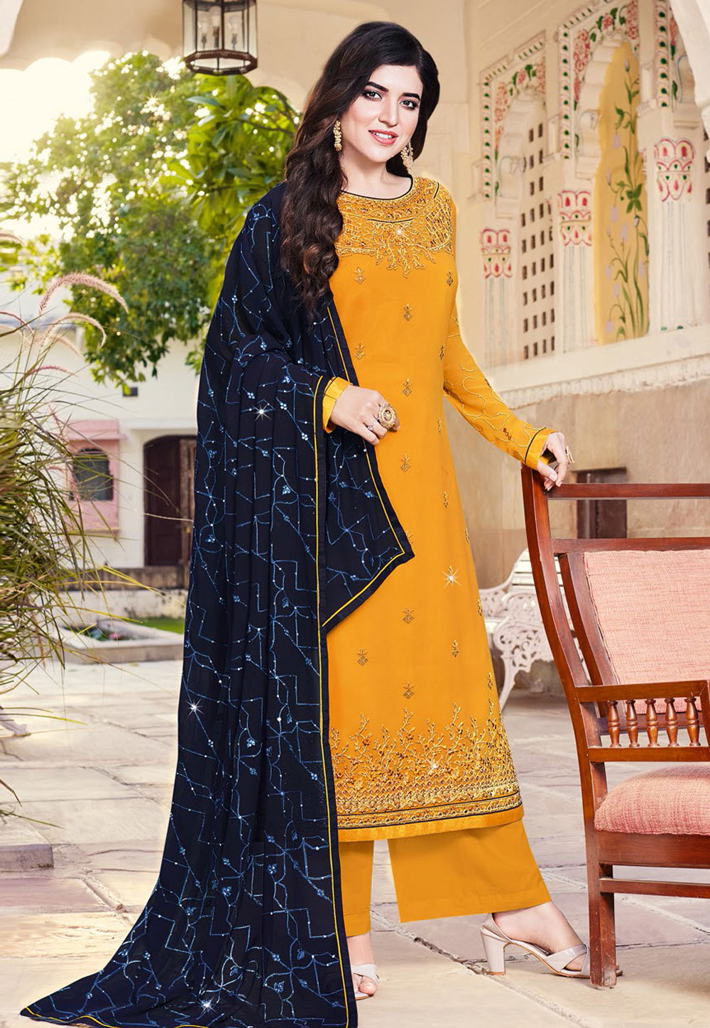 Yellow Georgette Kameez With Palazzo 243410