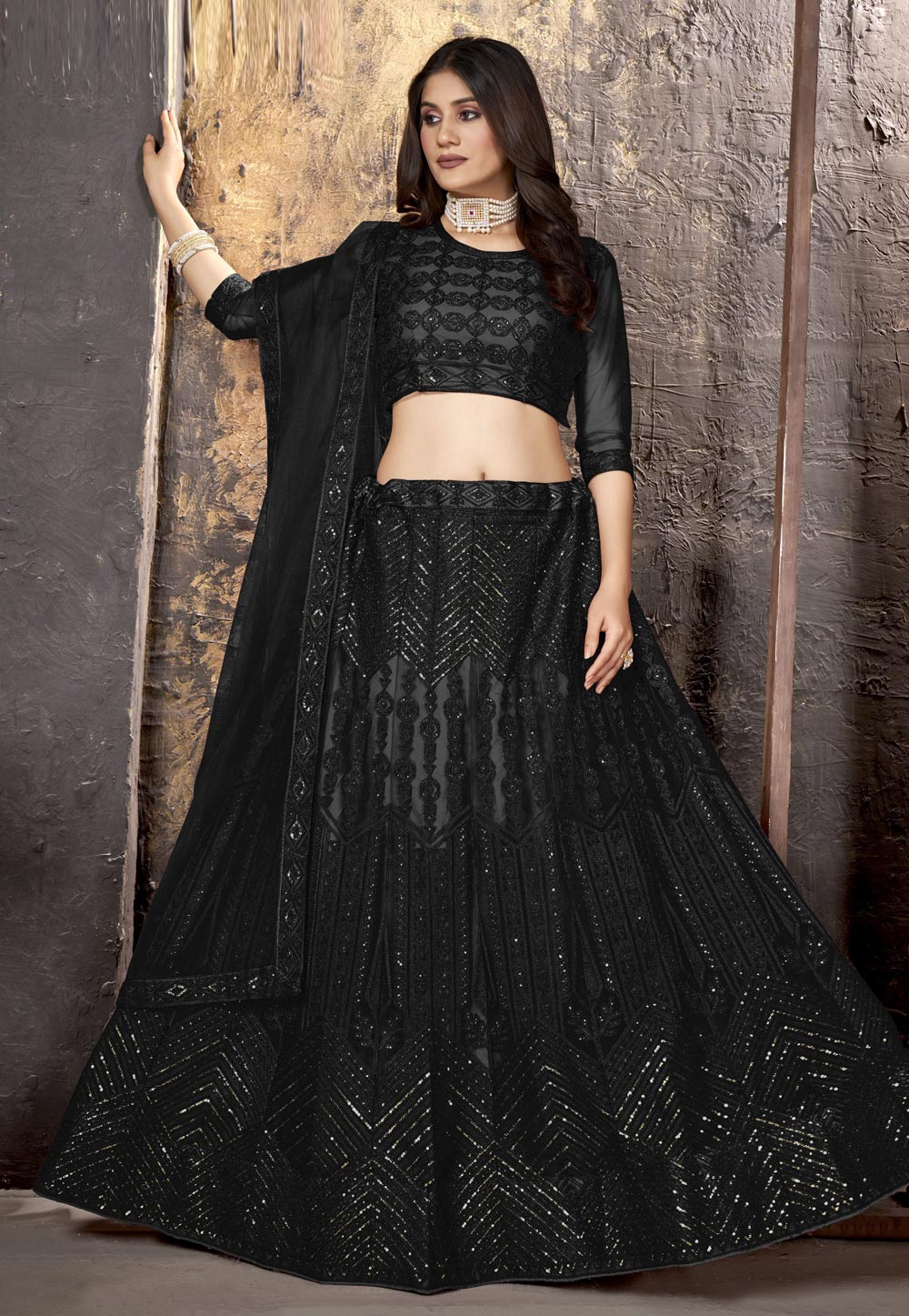 Silk Brocade Crow Black Lehenga Skirt – Heritage India Fashions
