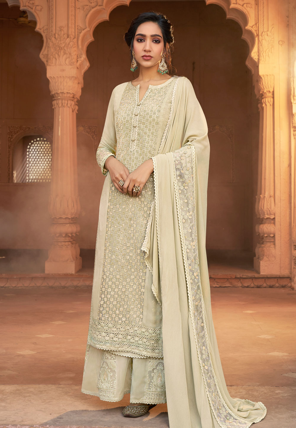 Cream Georgette Kameez With Palazzo 230149