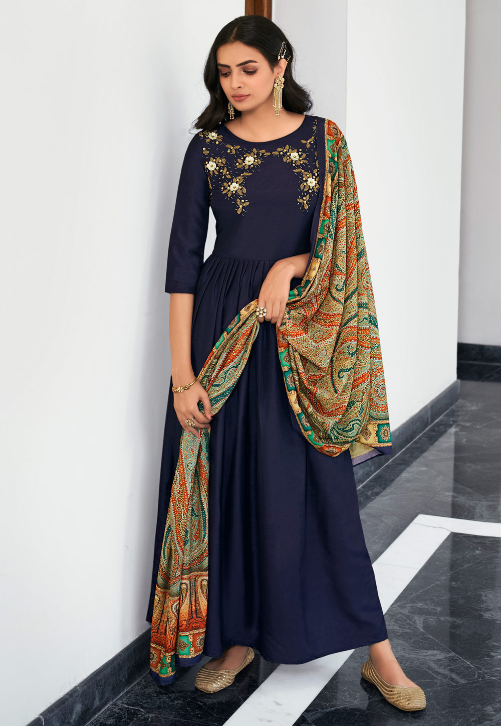 Navy Blue Viscose Gown 239768