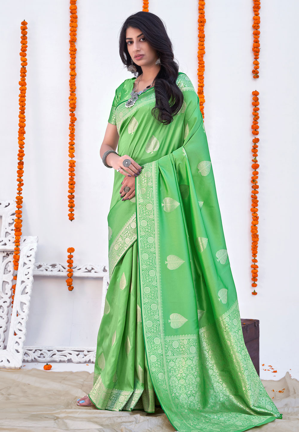 Light Green Banarasi Silk Saree With Blouse 243168