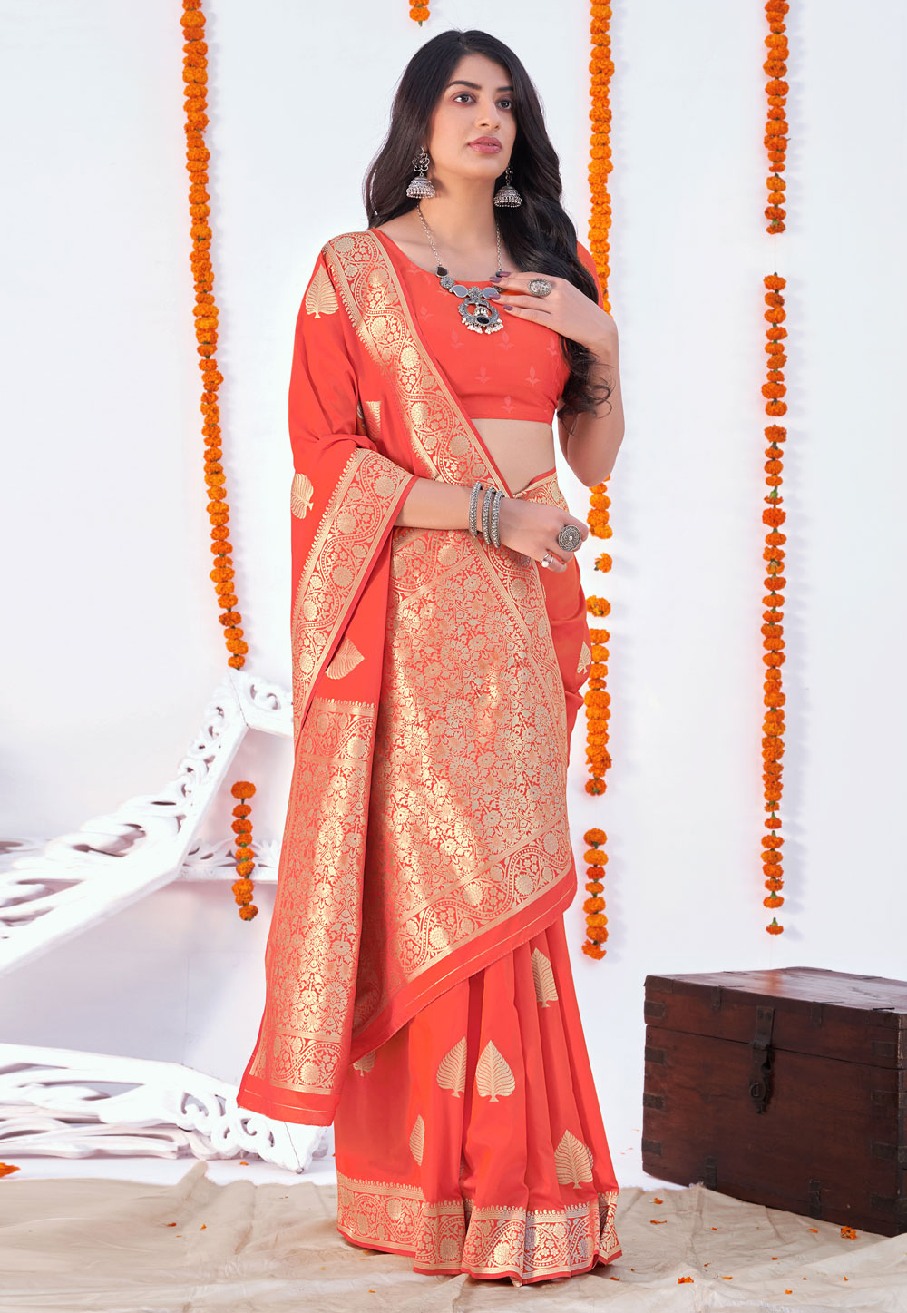 Peach Banarasi Silk Festival Wear Saree 243169