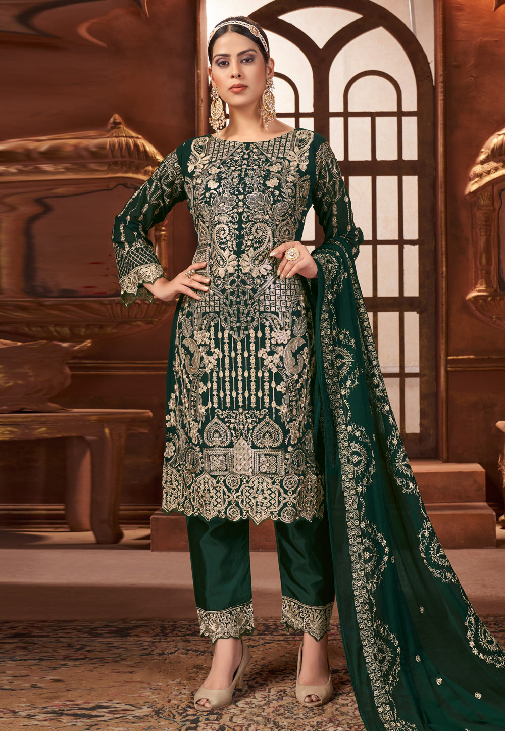 Green Faux Georgette Pant Style Suit 245049