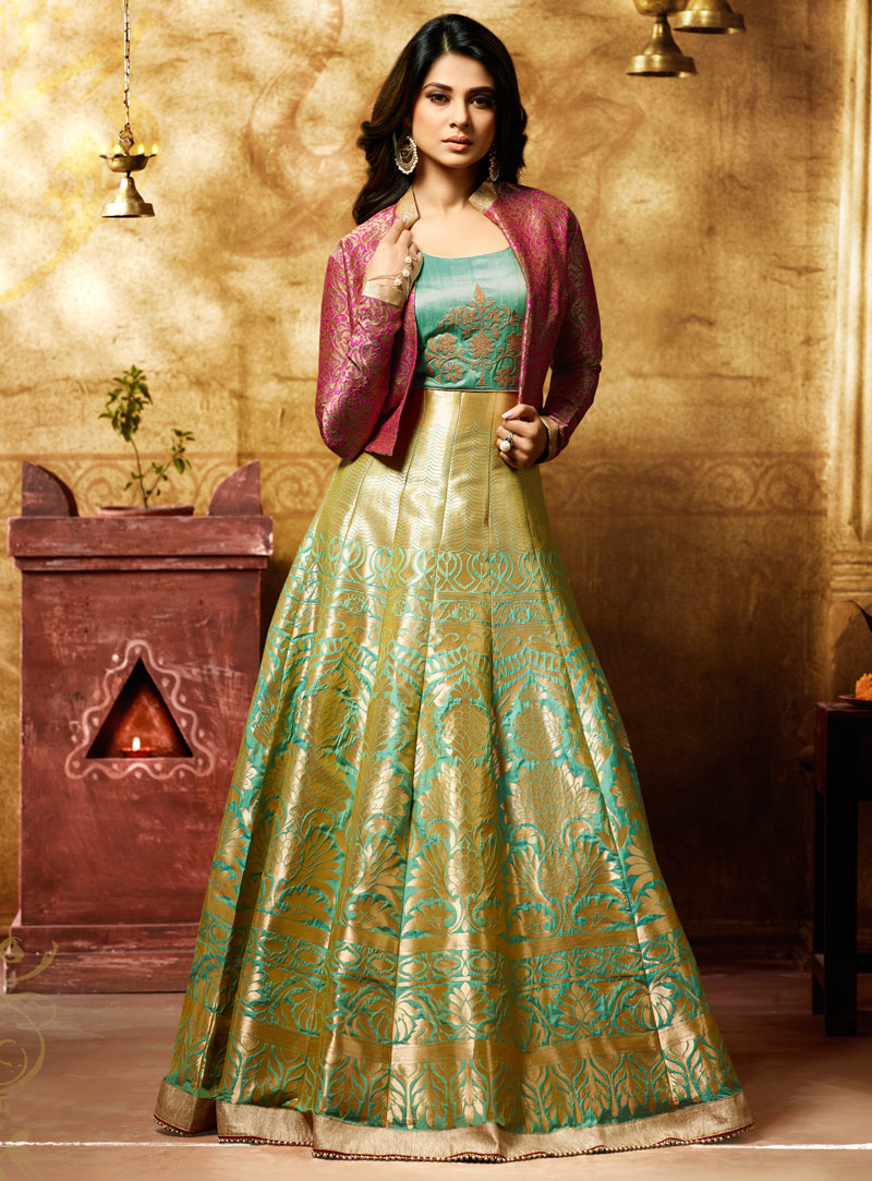 Jennifer Winget Light Green Banarasi Jacket Style Floor Length Anarkali Suit 105129