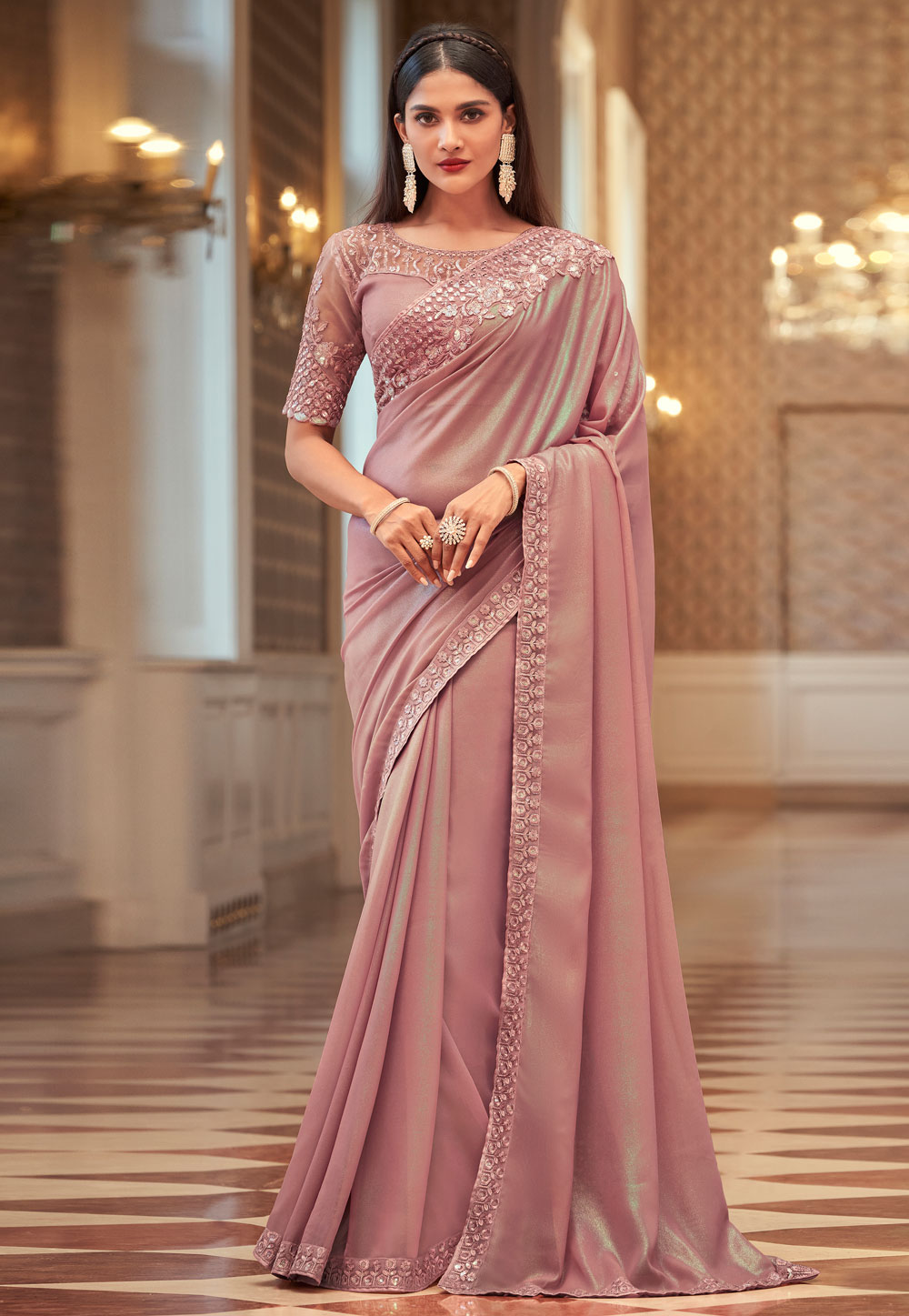 Buy Meera Peach & Gold Shimmer Georgette One Minute Saree Online - One  Minute Saree – ONE MINUTE SAREE