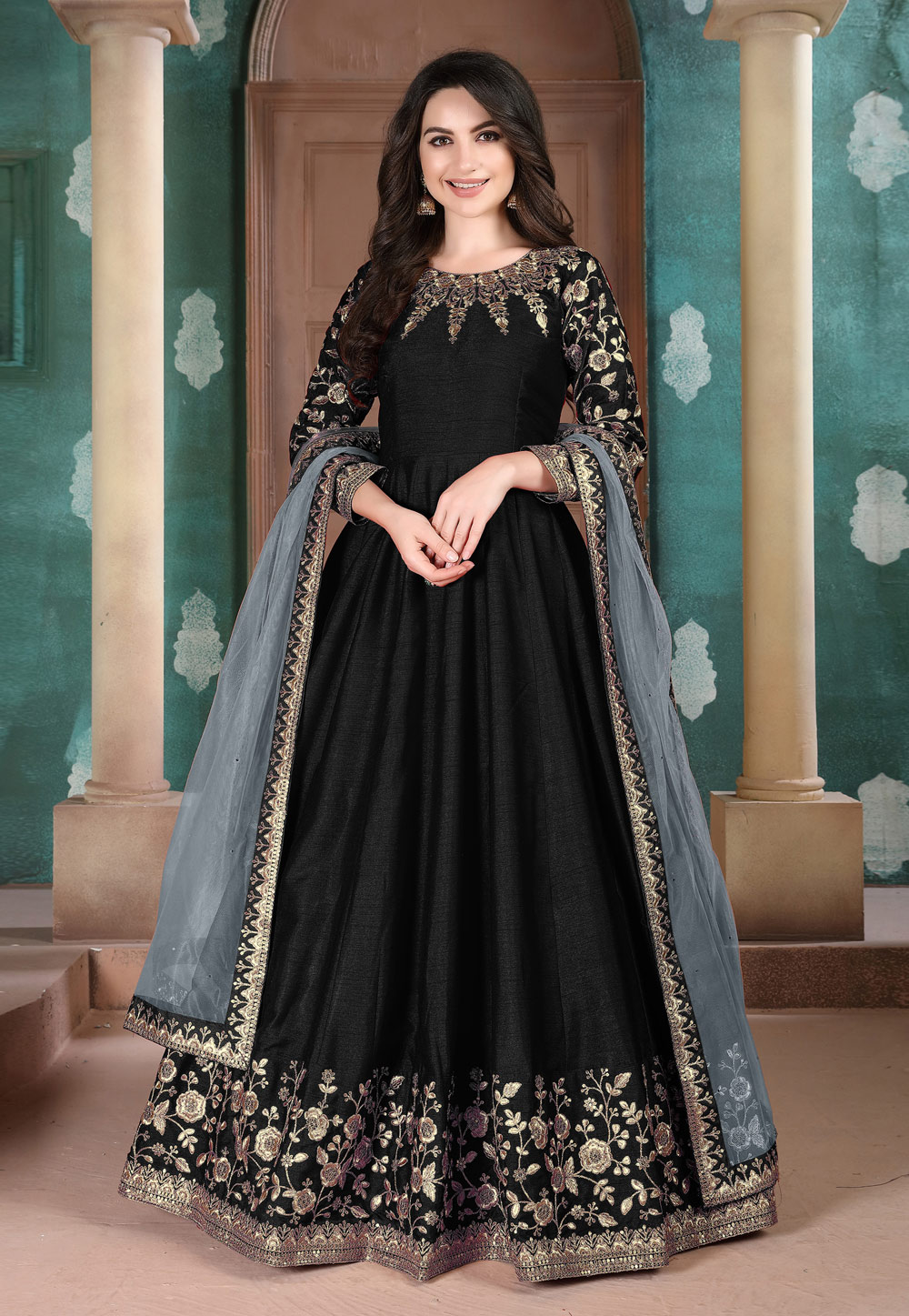 Black Silk Embroidered Abaya Style Anarkali Suit 209525