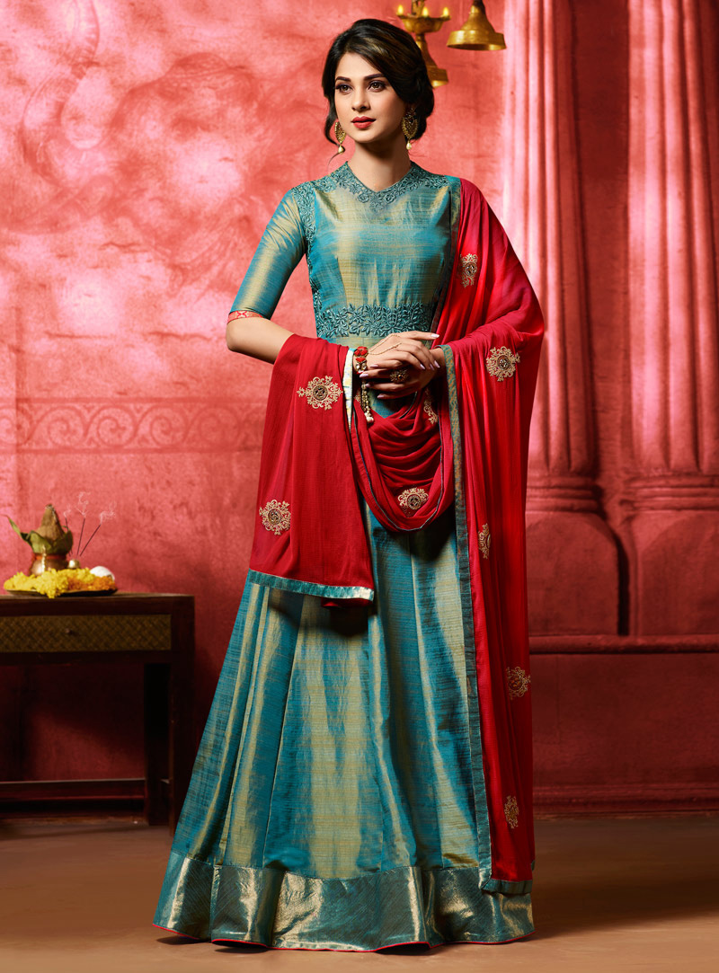 Jennifer Winget Teal Banarasi Silk Floor Length Anarkali Suit 105131