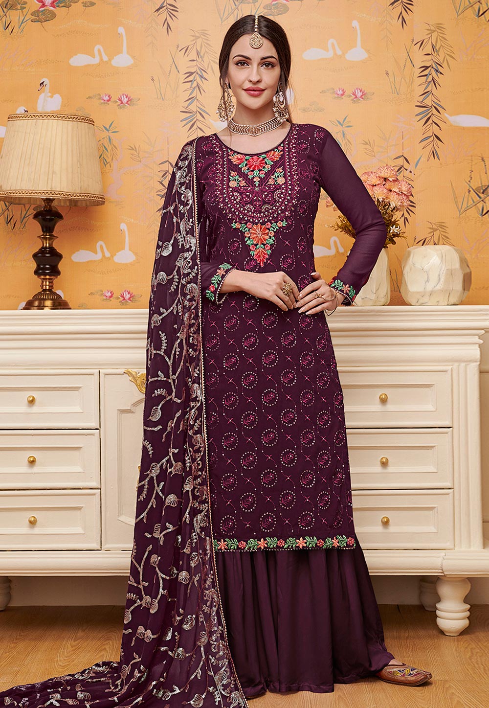 Purple Faux Georgette Embroidered Kameez With Palazzo 200940