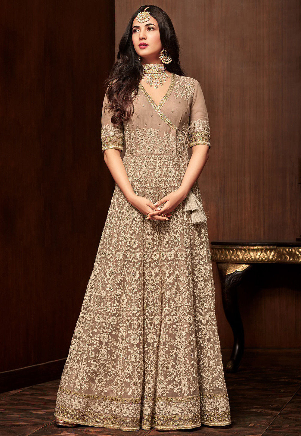 Sonal Chauhan Beige Net Abaya Style Anarkali Suit 139215