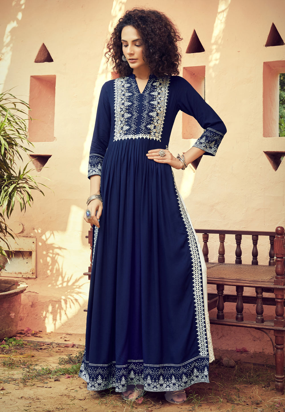 Navy Blue Rayon Readymade Palazzo Suit 212187