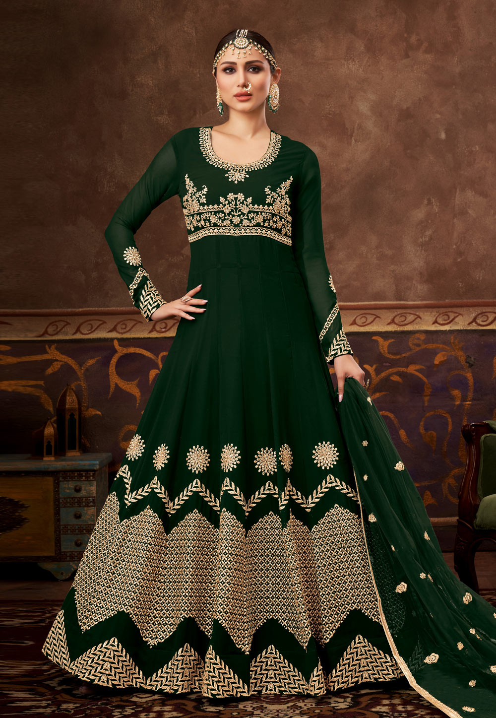 Green Georgette Abaya Style Anarkali Suit 243160