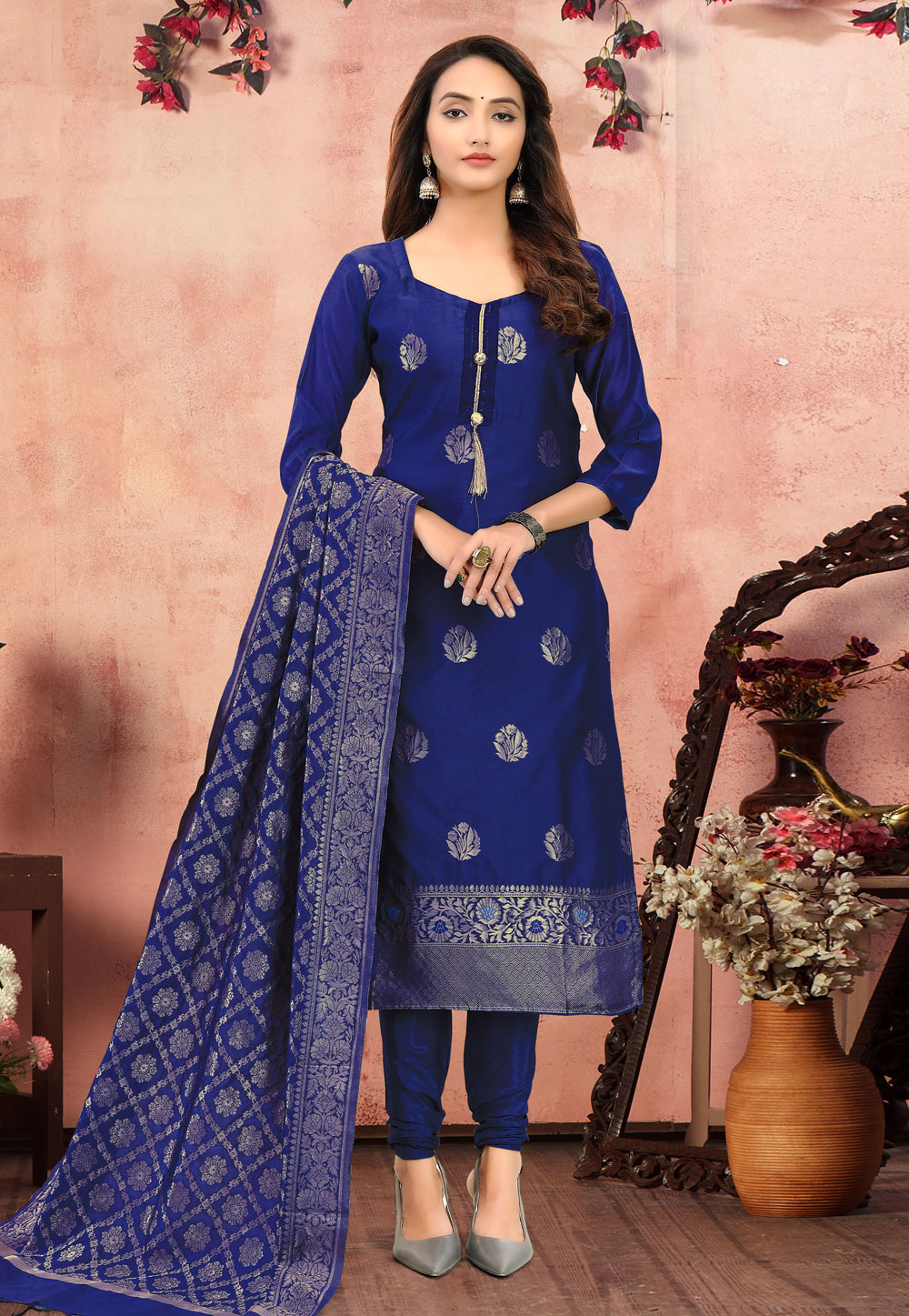 Blue Banarasi Jacquard Churidar Suit 219259