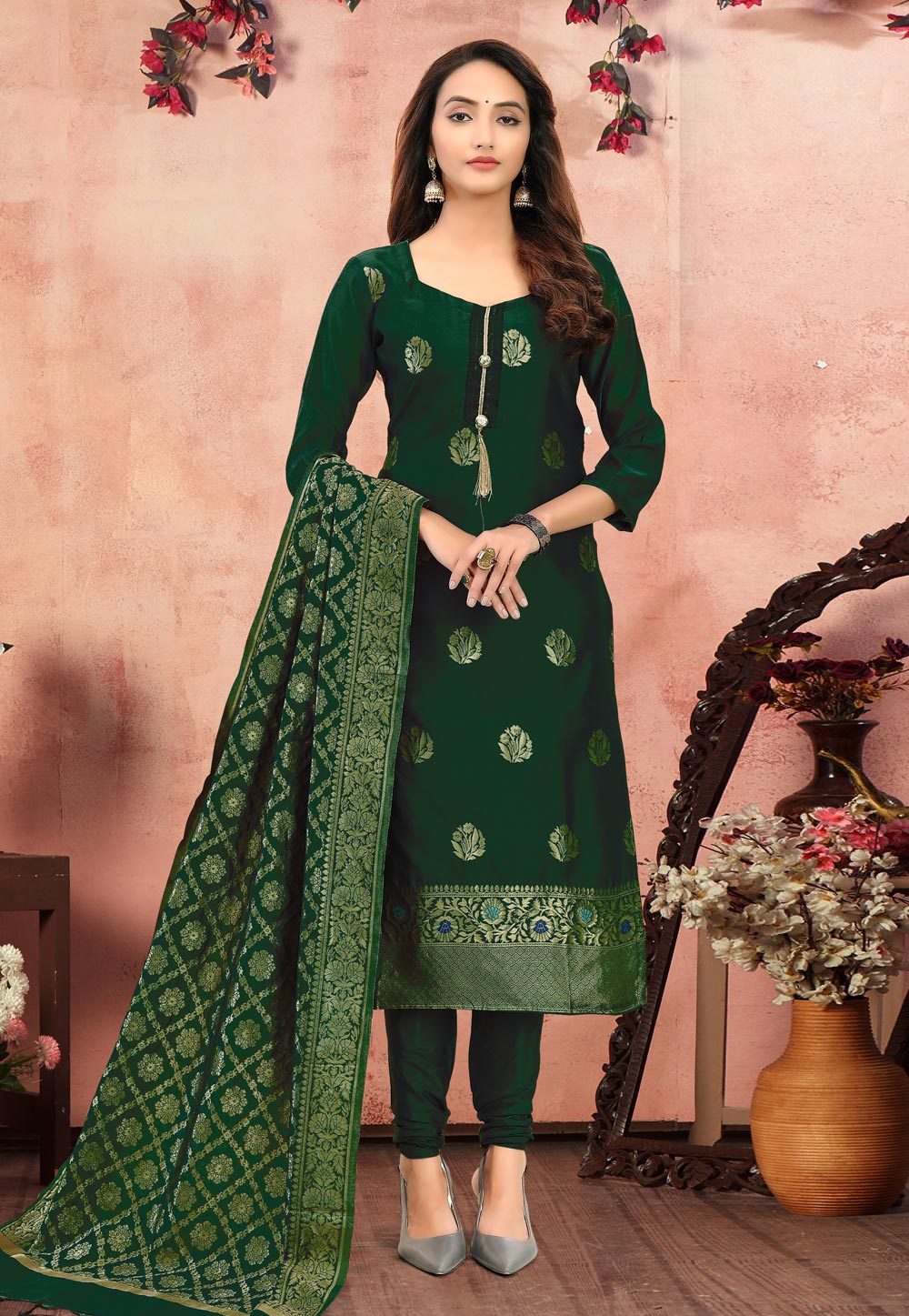 Green Banarasi Jacquard Churidar Salwar Suit 219260