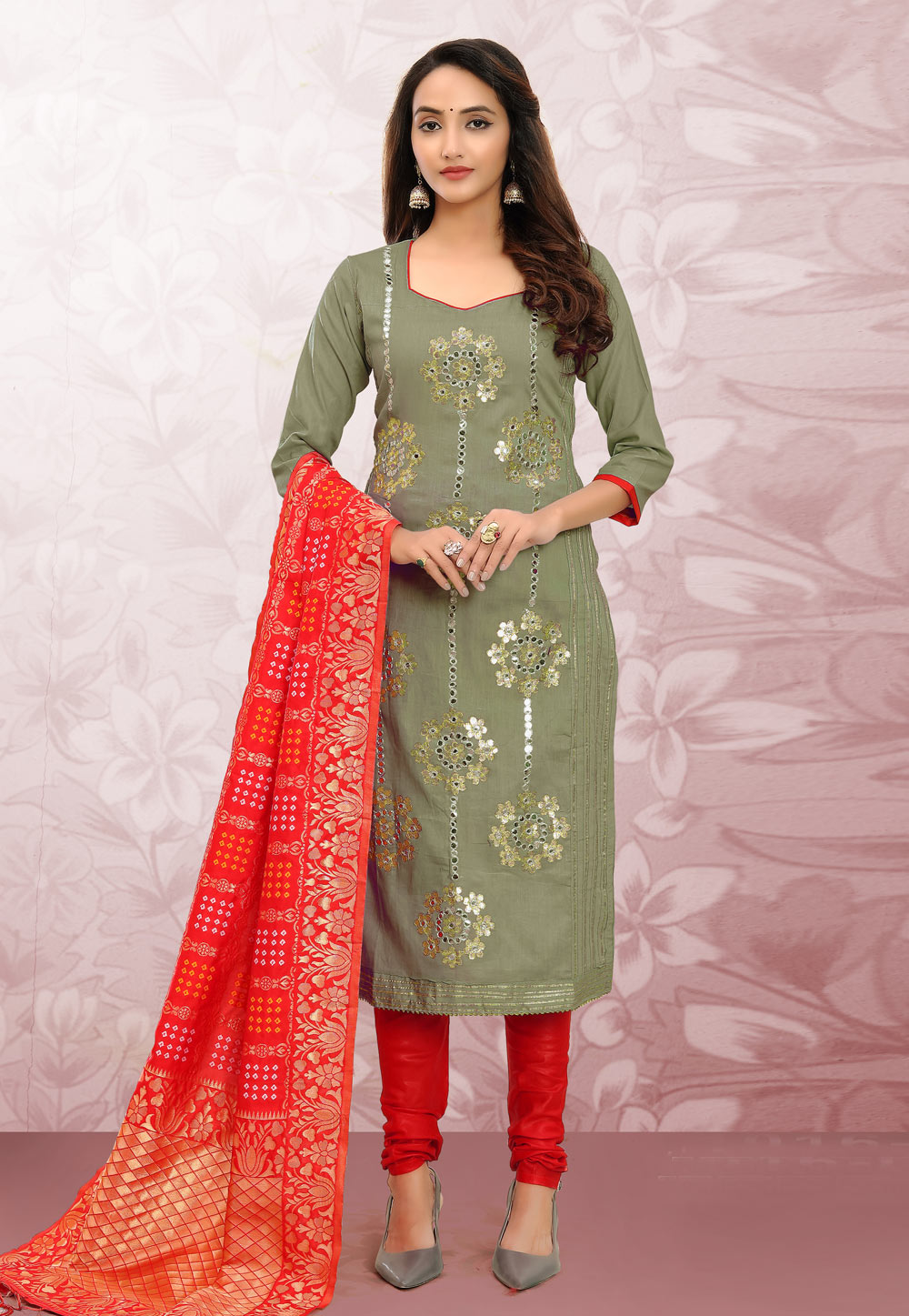 Olive Green Cotton Churidar Salwar Suit 219292
