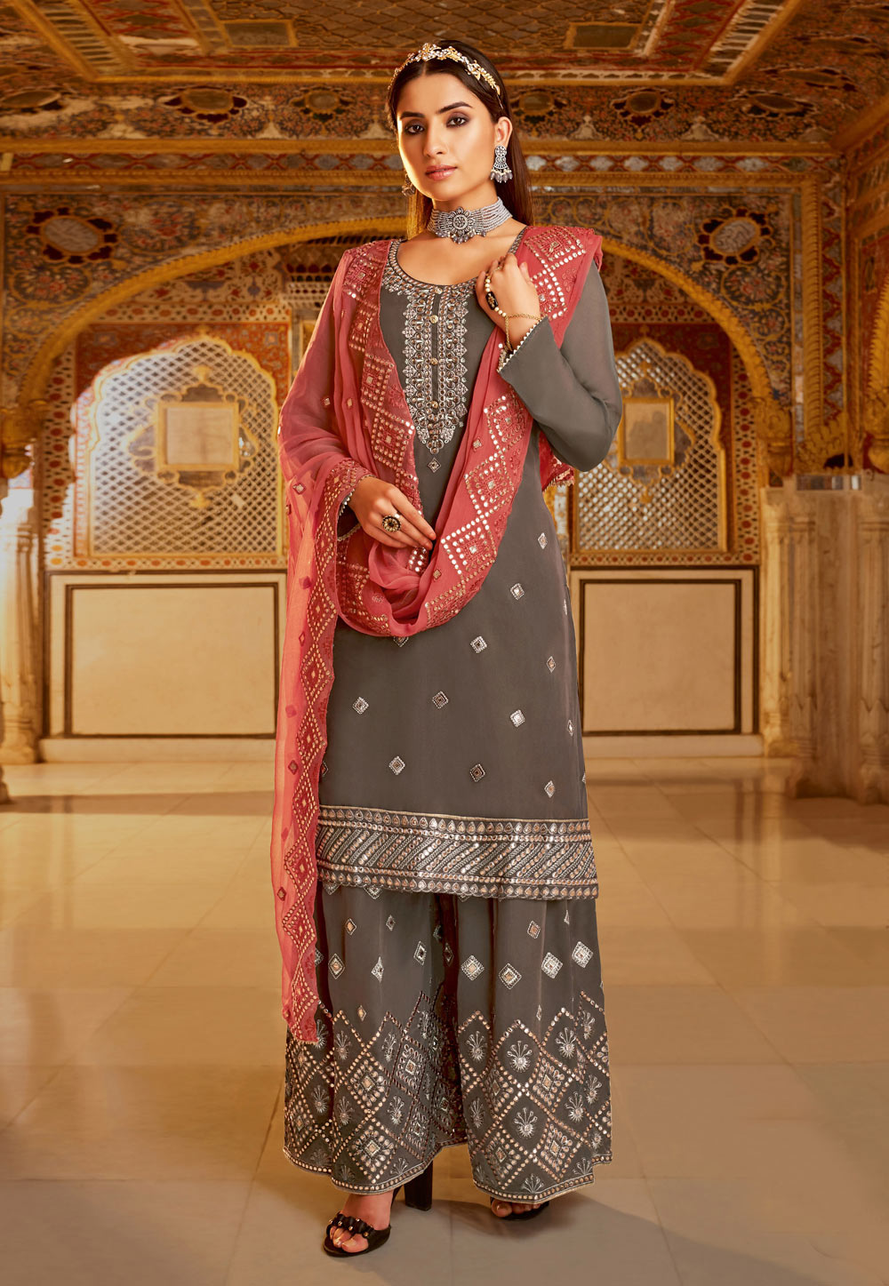 Grey Viscose Georgette Readymade Kameez With Palazzo 238483