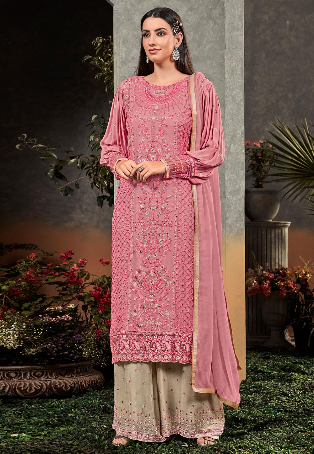 Pink Georgette Palazzo Style Suit 185751