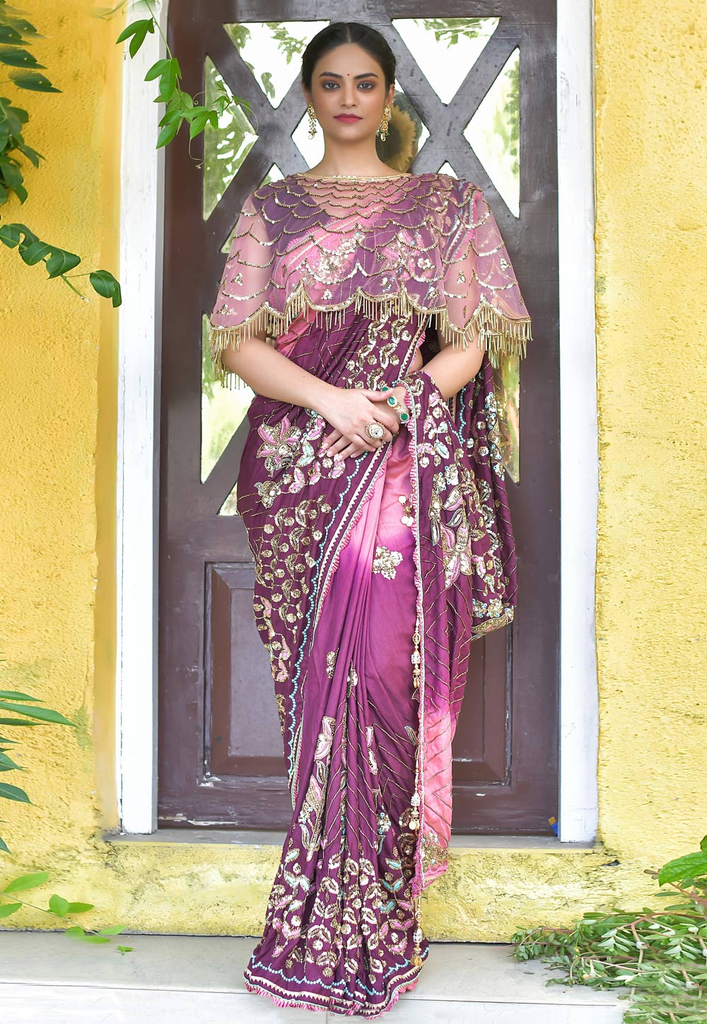 Purple Silk Designer Saree With Cape 228024