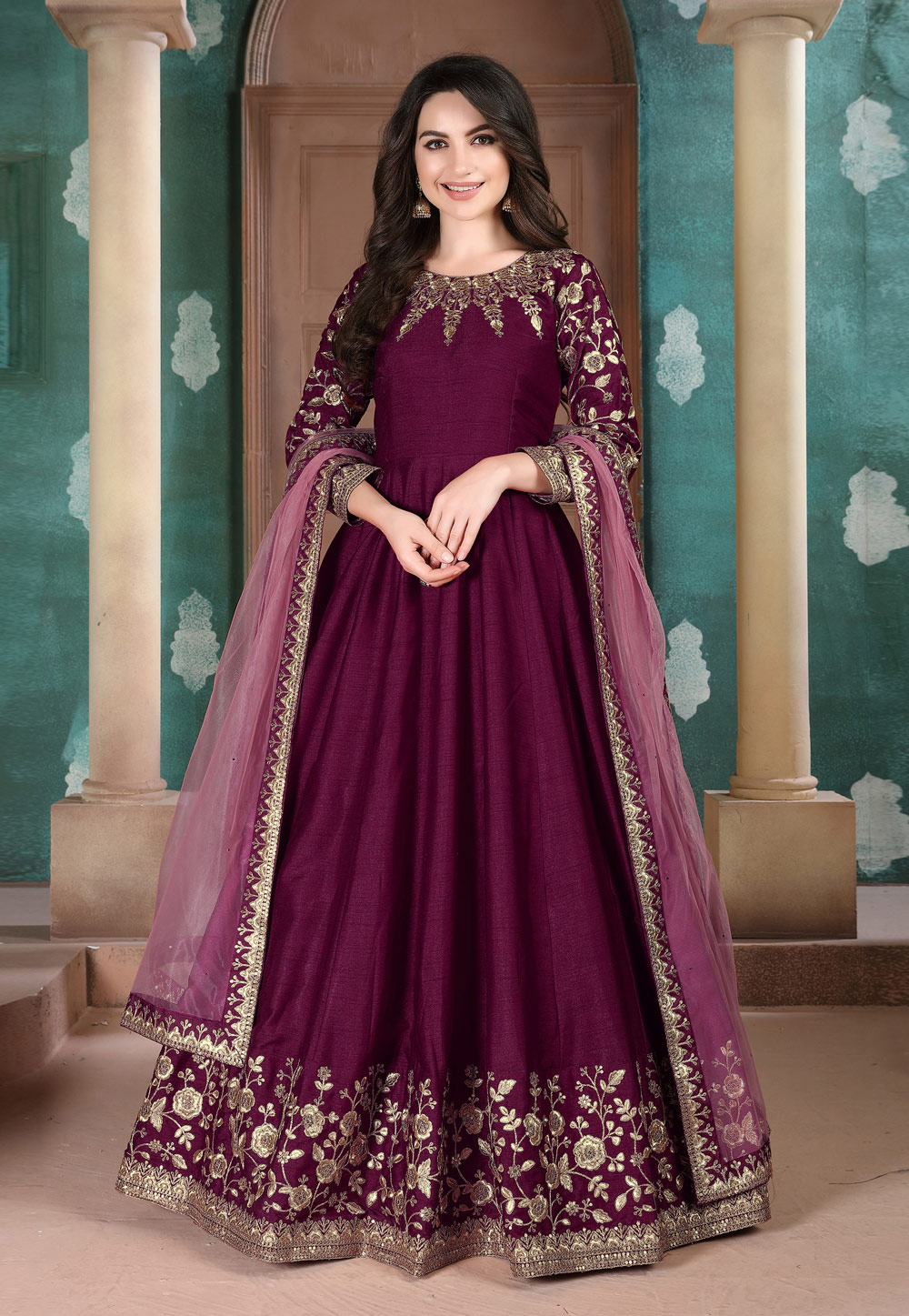 Purple Silk Embroidered Long Anarkali Suit 209526