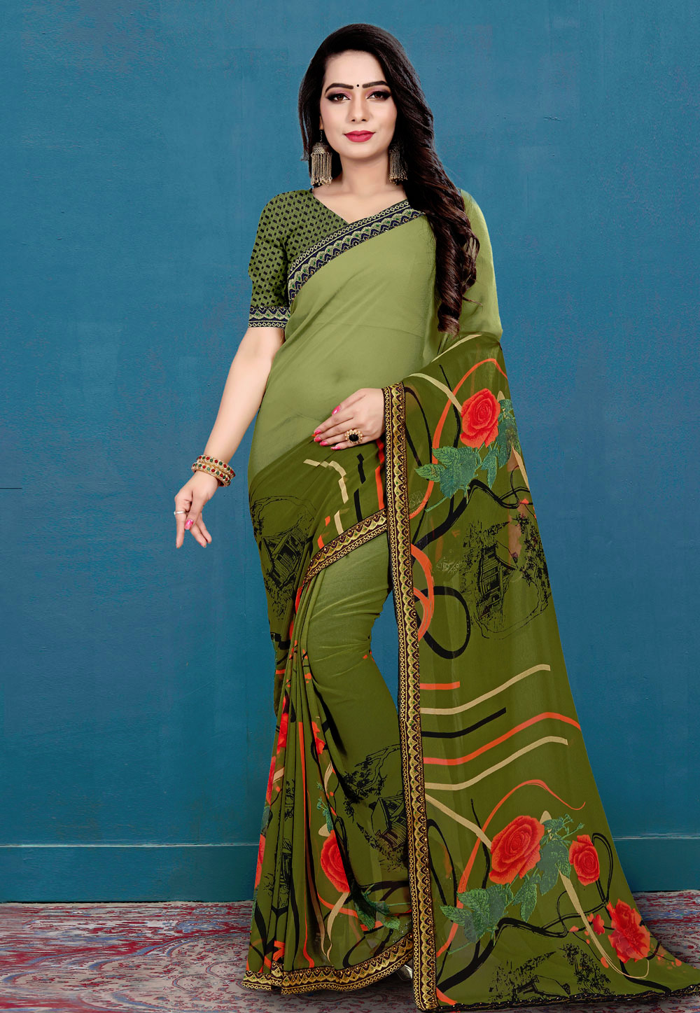 Olive Green Georgette Printed Festival Wear Saree 190950