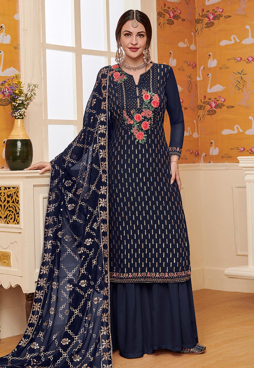 Navy Blue Faux Georgette Embroidered Palazzo Suit 200941