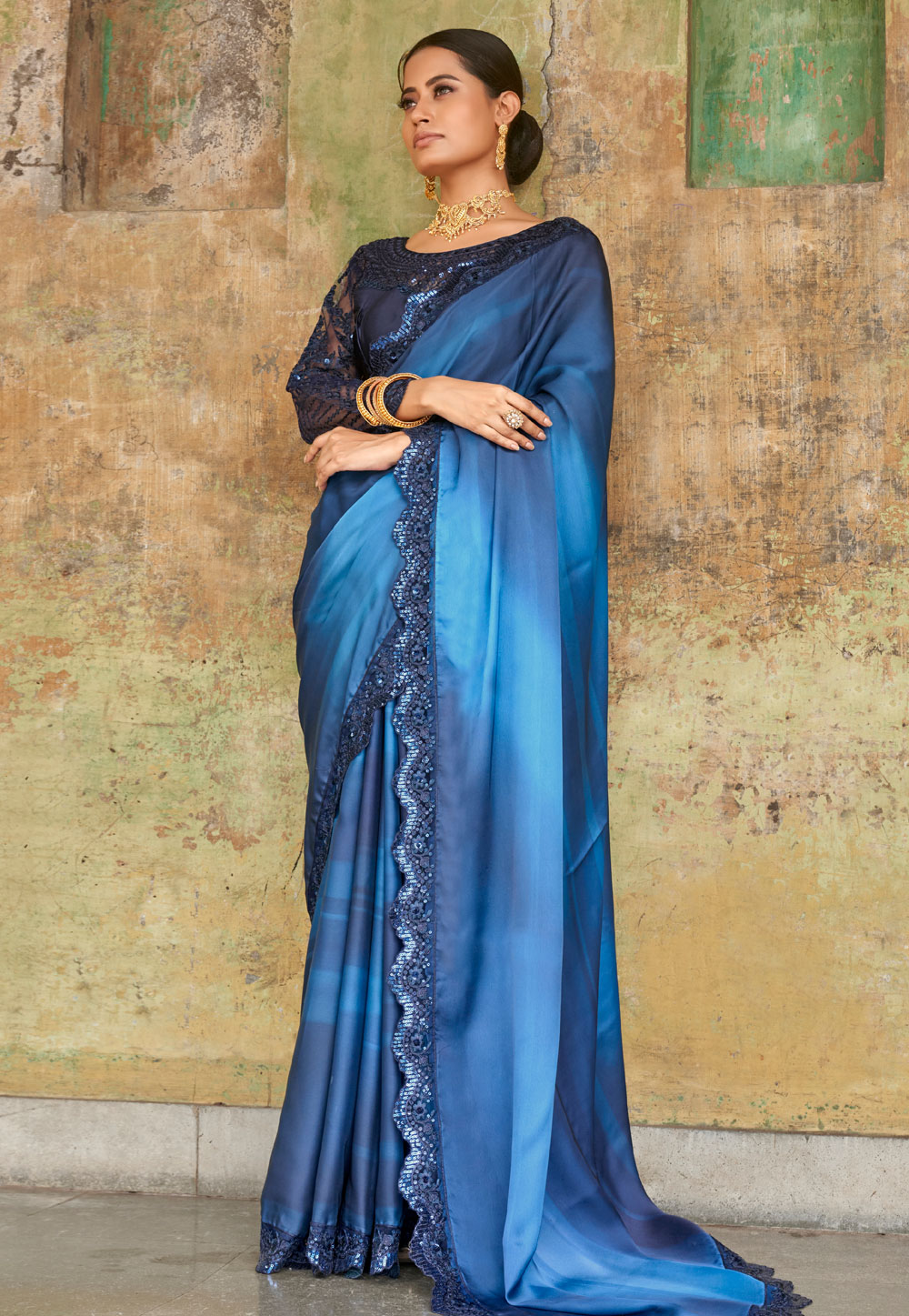 Blue Satin Saree With Blouse 262291