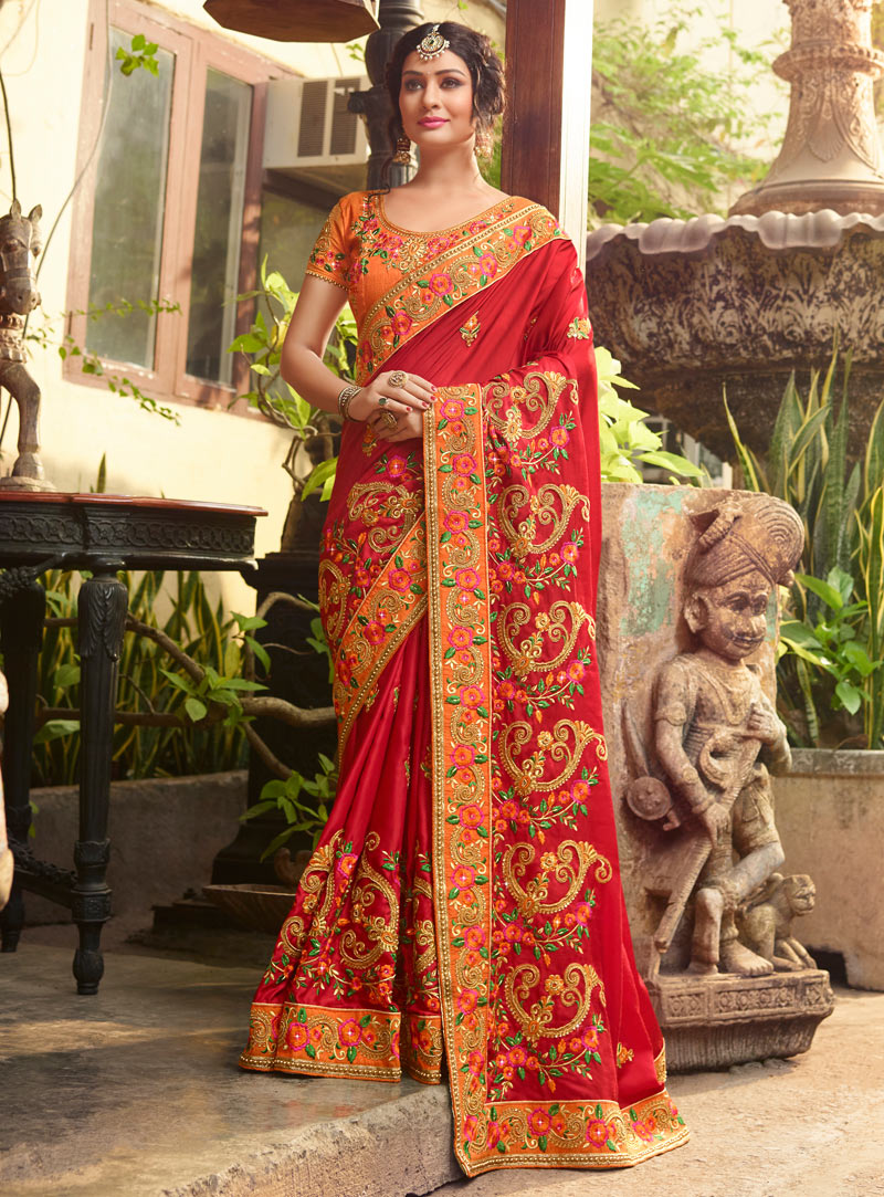 Red Satin Saree With Heavy Blouse 124735