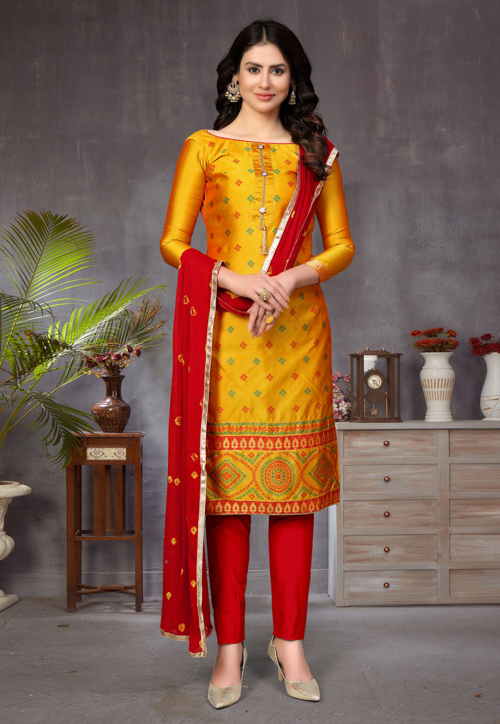 Mustard Banarasi Jacquard Pant Style Suit 219280