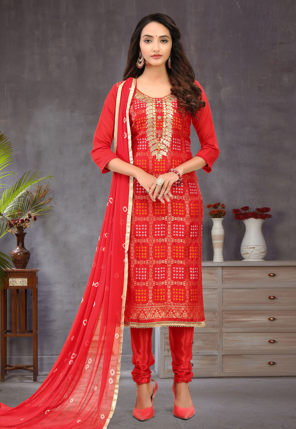 Red Banarasi Jacquard Churidar Suit 219284