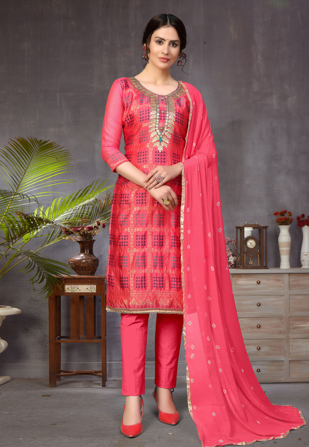 Pink Banarasi Jacquard Pant Style Suit 219285