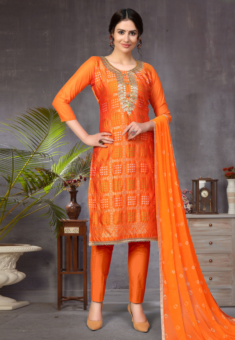 Orange Banarasi Jacquard Pant Style Suit 219287