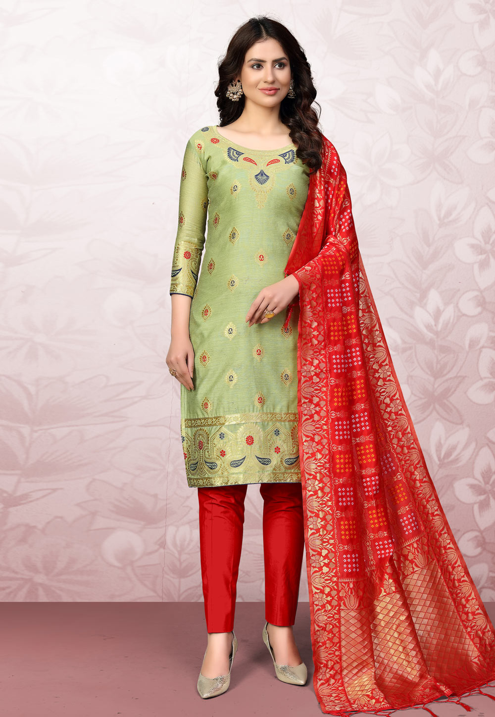 Light Green Banarasi Jacquard Pant Style Suit 219293
