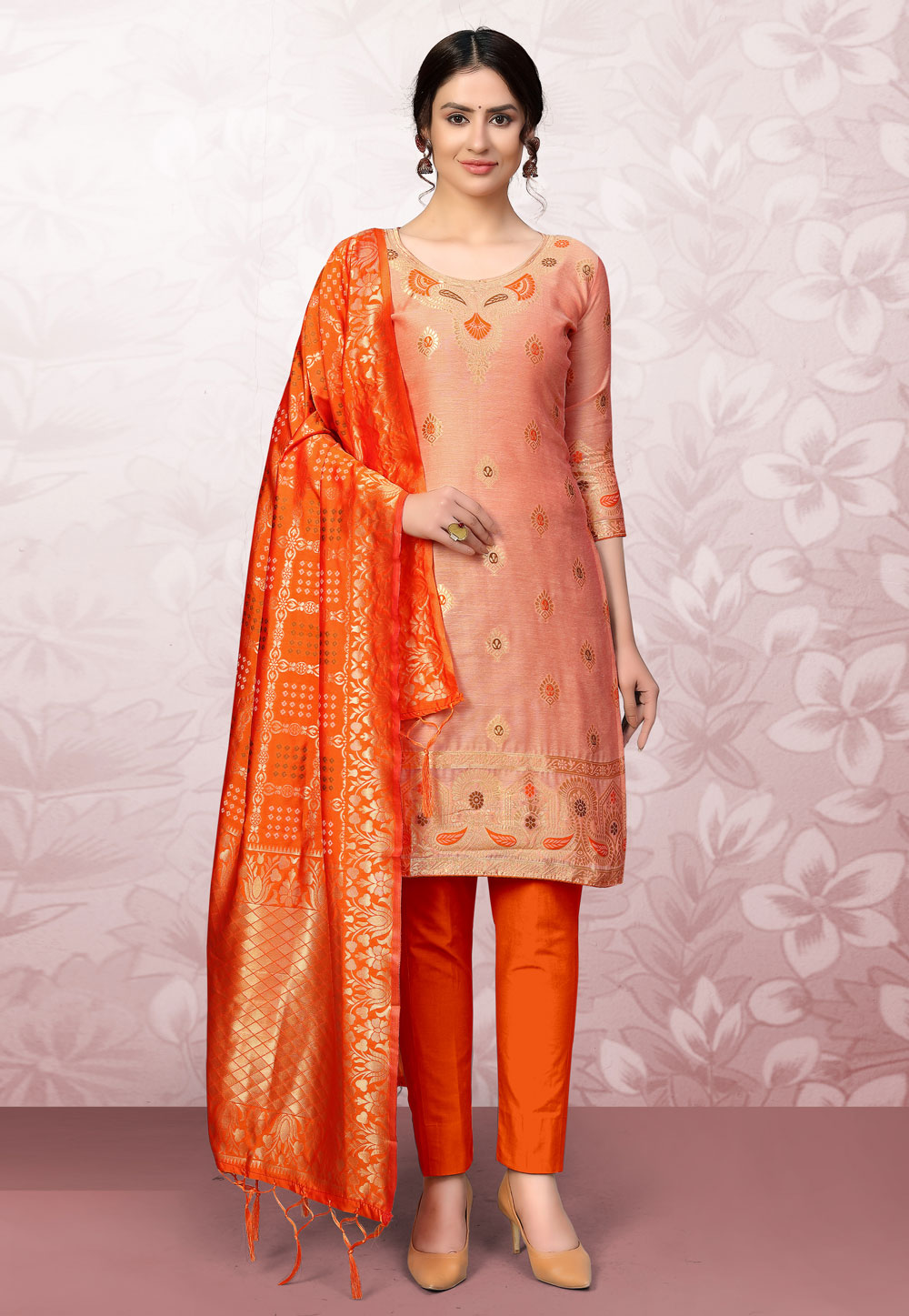 Peach Banarasi Jacquard Pant Style Suit 219294