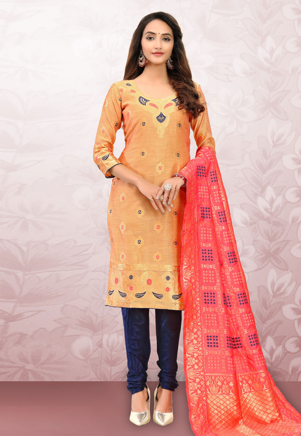 Orange Banarasi Jacquard Churidar Suit 219296