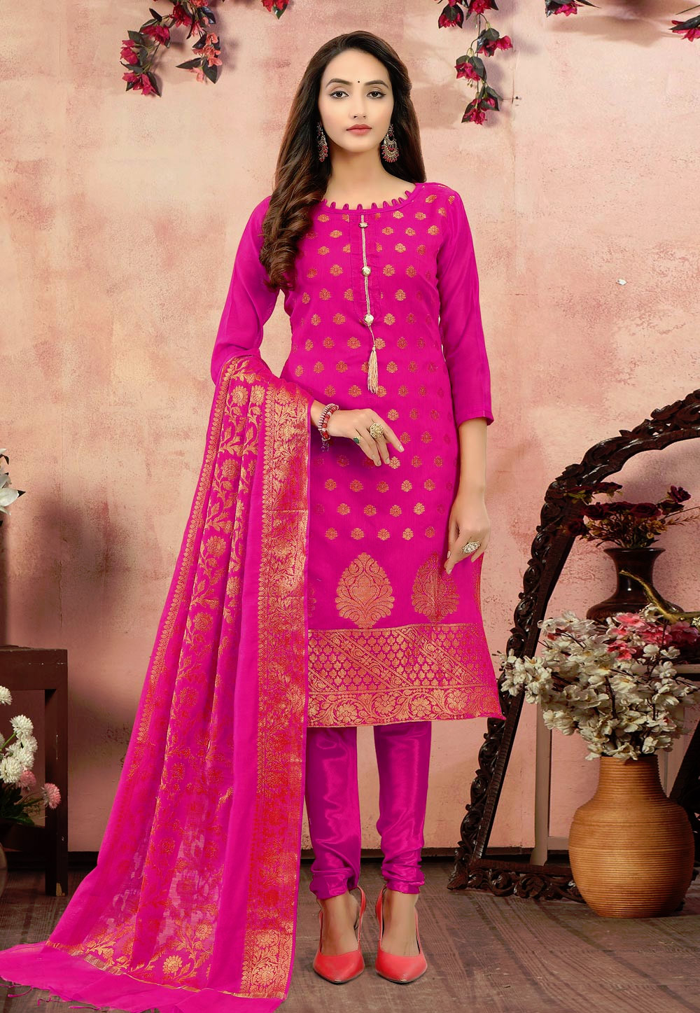 Pink Banarasi Jacquard Churidar Suit 219263