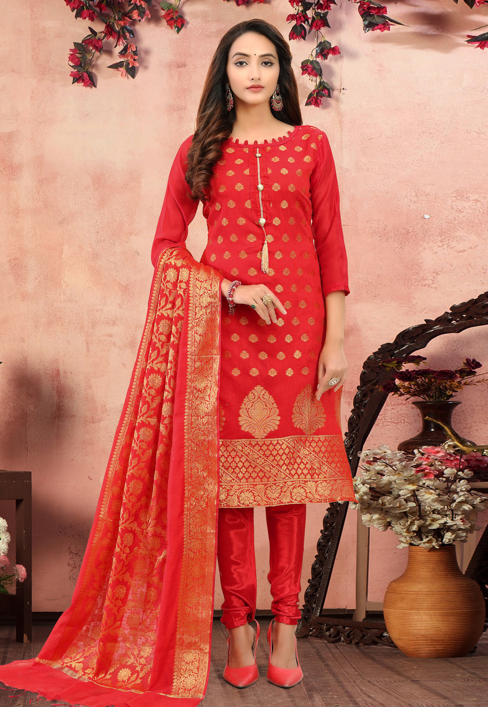 Red Banarasi Jacquard Churidar Suit 219265
