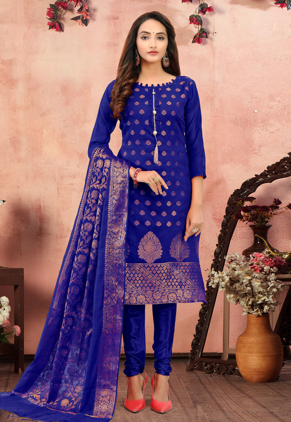 Blue Banarasi Jacquard Churidar Salwar Suit 219266